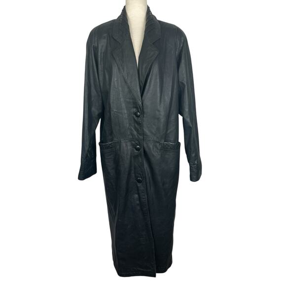 Jacqueline Ferrar Leather Trench Coat Women Large Black Matrix Longline VIntage - Picture 1 of 14